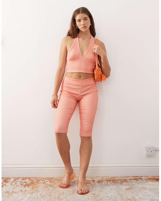 Reclaimed (vintage) Pink Gingham Print Crinkle Textured Capri Trousers Co-Ord