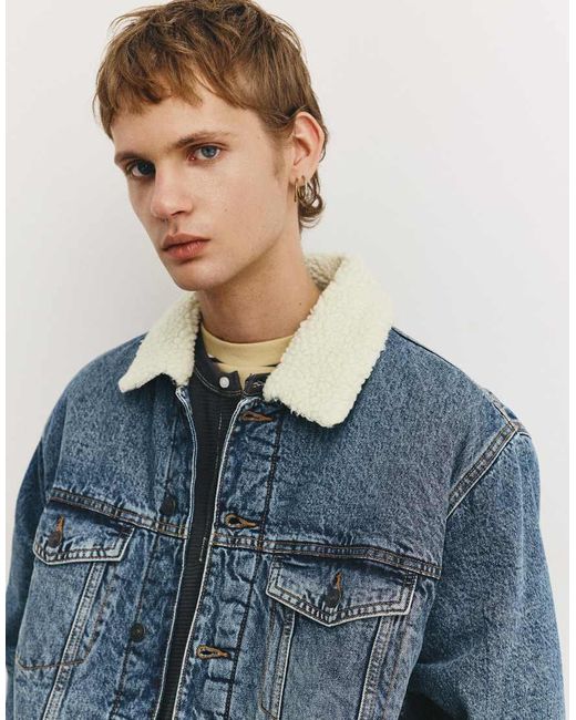 Pull&Bear Blue Denim Jacket With Faux Shearling Collar for men