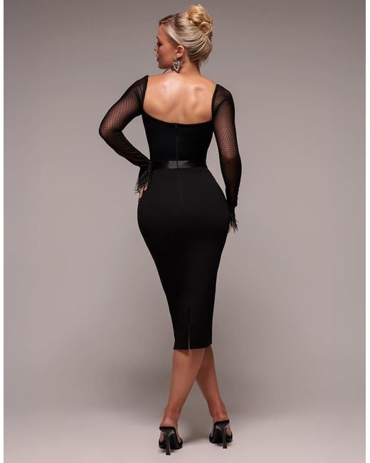 Goddiva Black Dobby Mesh Feather Sleeve Bodycon Midi Dress