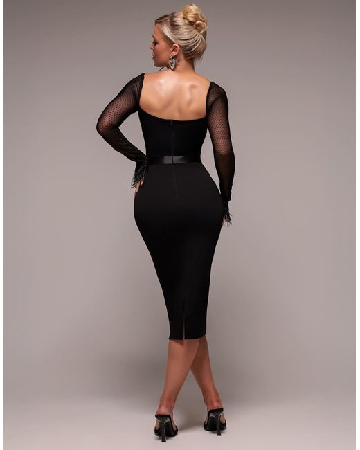 Goddiva Dobby Mesh Feather Sleeve Bodycon Midi Dress in Black | Lyst UK