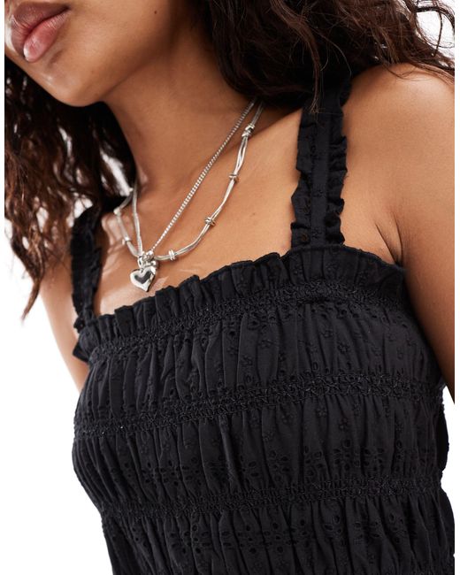 French Connection Black Shirred Broderie Midi Sun Dress