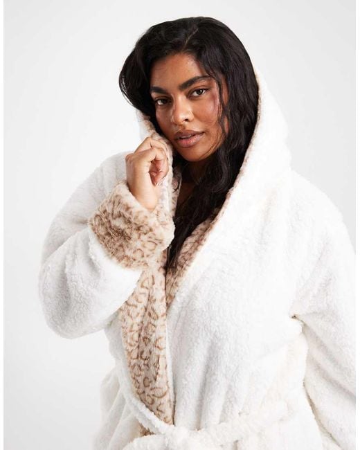 Loungeable White Curve Contrast Leopard Print Cosy Hooded Maxi Dressing Gown