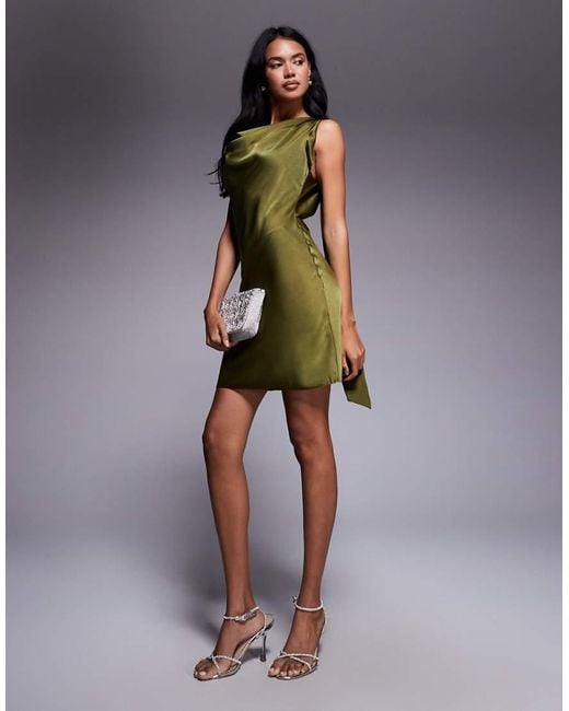 ASOS Green Satin Drape Neckline Mini Dress With Long Tie Back Detail And Slit