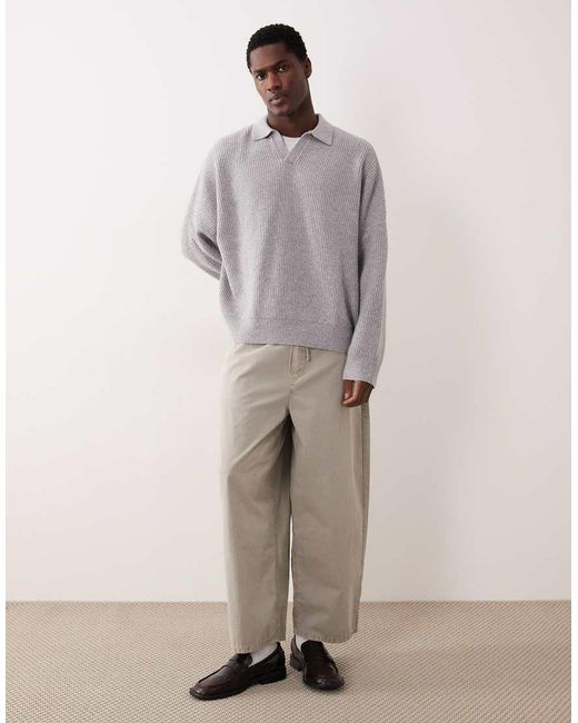 ASOS Gray Super Oversized Boxy Fit Knitted Fisherman Rib Notch Neck Jumper for men