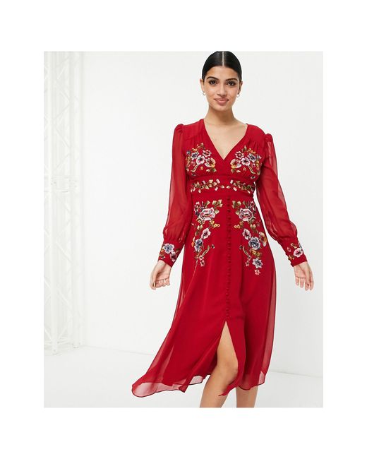Hope & Ivy Long Sleeve Embroide Midi Tea Dress in Red Lyst Canada