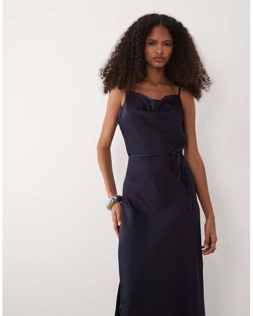 Y.A.S Blue Satin Midi Cami Dress With Tie Waist