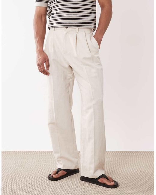 ASOS Natural Smart Pleated Linen Rich Wide Leg Pants for men