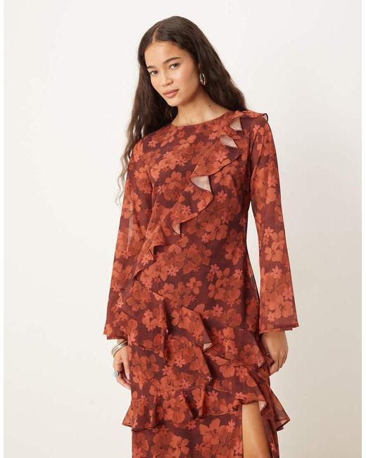 ANAYA Red Floral Long Sleeve Ruffle Midaxi Dress