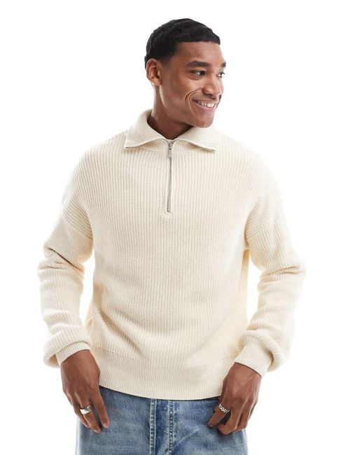 Pull&Bear Natural 1/4 Zip Knitted Jumper for men