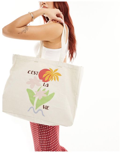 ASOS White Canvas Tote Bag With Cest La Vie Print