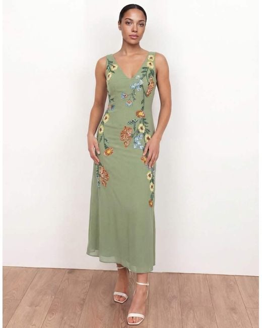 Maya Green Flower Embellished Tie Back Midaxi Slip Dress