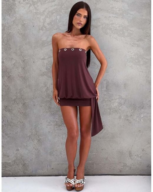 Tiger Mist Purple Ravenna Bandeau Jersey Eyelet Detail Cinched Skirt Drape Detail Mini Dress