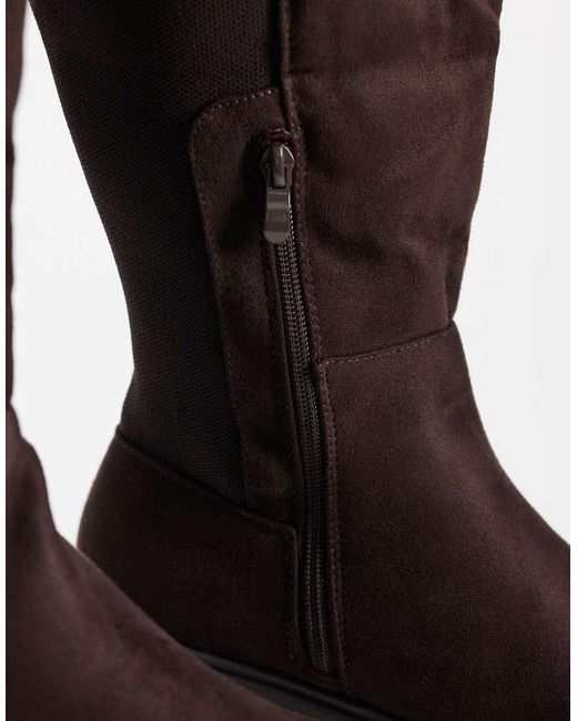 SEQWL Wide Fit Brown Twirl Faux Suede Chunky Knee Boots