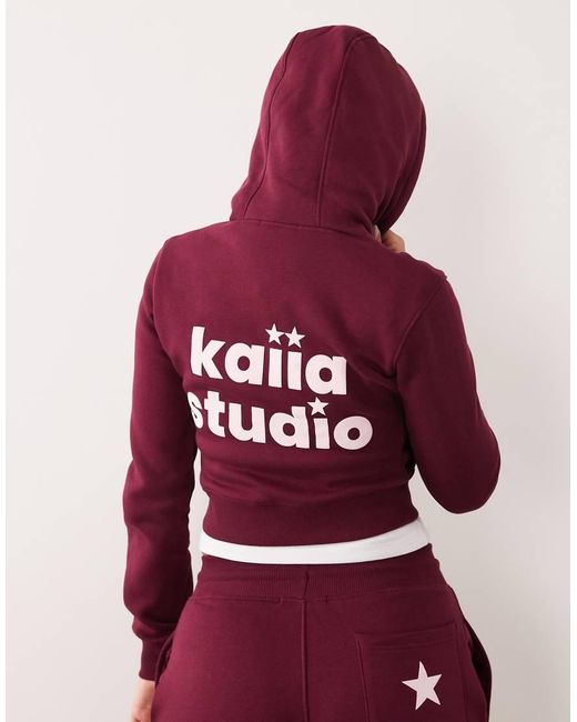 Kaiia Red Star Logo Graphic Zip Through Cropped Hoodie Co-ord