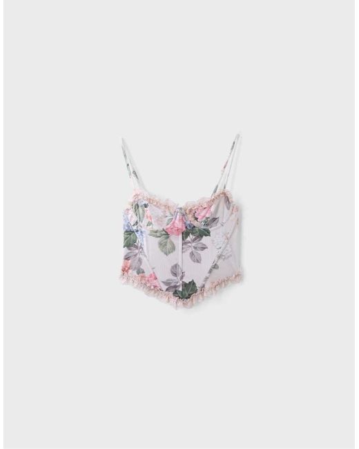Stradivarius White Fitted Floral Print Cropped Top
