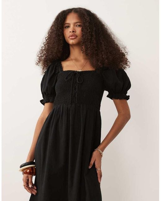 New Look Black Tie Front Shirred Midi Dress