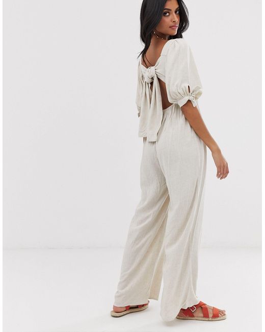 Lost Ink Multicolor Wide Leg Jumpsuit With Puff Sleeves Linen