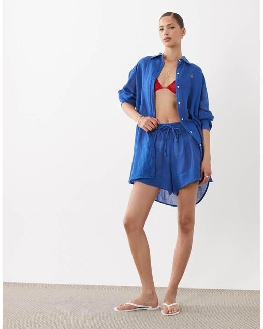 Polo Ralph Lauren Blue Cotton Linen Boyfriend Short Cover-Up
