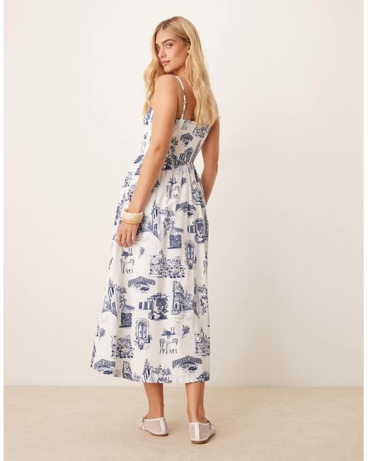 Robe mi-longue en popeline avec smocks et taille plongeante Abercrombie & Fitch en coloris White