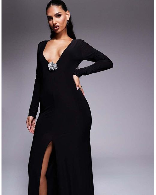 ASOS Blue Plunge Long Sleeve Maxi Dress With Corsage Trim