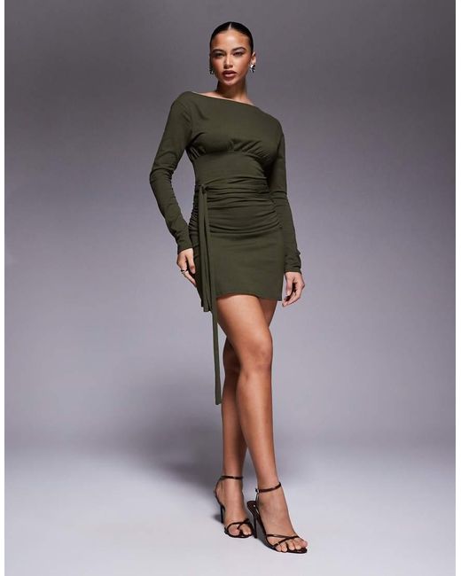 Fashionkilla Gray Exclusive Cotton Rich Off Shoulder Long Sleeve Wrap Waist Detail Mini Dress