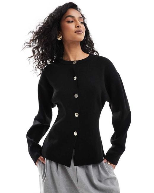 ASOS Black Knitted Structured Crew Neck Cardigan With Gold Buttons