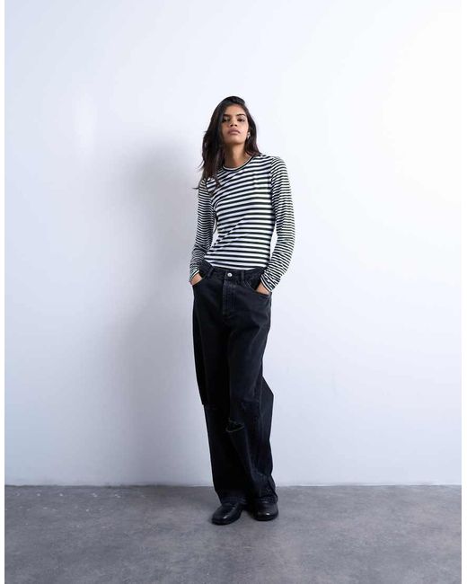 Top De Manga Larga Con Diseño De Rayas En Contraste De -Verde TOPSHOP de color Blue