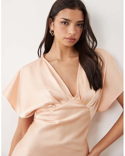 Gina Tricot Natural Batwing Plunge Satin Maxi Dress