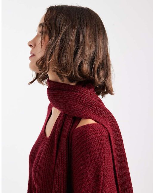 4th & Reckless Red Ribbed Knitted Deep Cuff V Neck Scarf Detail Jumper Co-ord