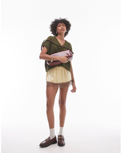 TOPSHOP Green Knitted V-neck Seam Front Off Shoulder Relaxed Vest