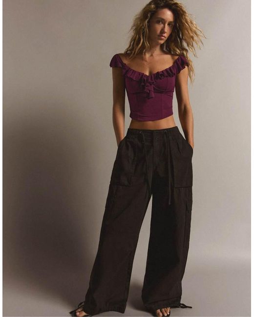 Bershka Black Bardot Corset Frill Top