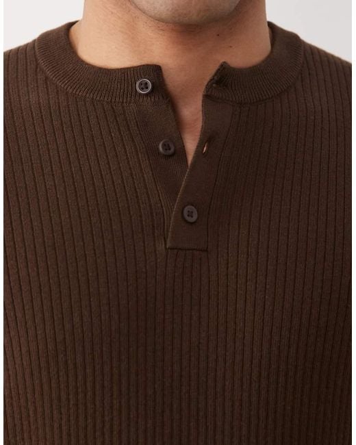 ASOS Brown Essential Fine-rib Knit Henley Neck T-shirt for men