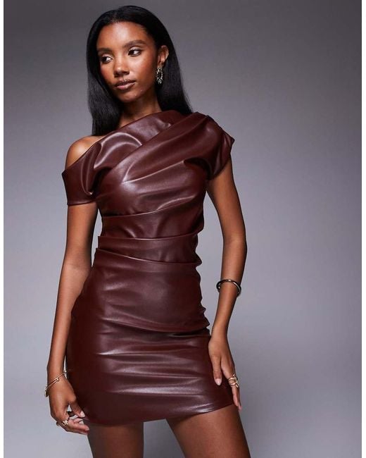 faux leather ruched dress River Island ruched faux leather mini dress in dark brown