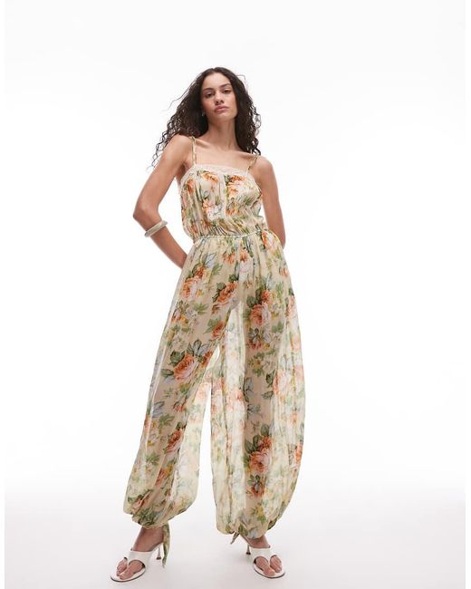 Mango Natural Chiffon Volume Leg Jumpsuit With Lace Trim