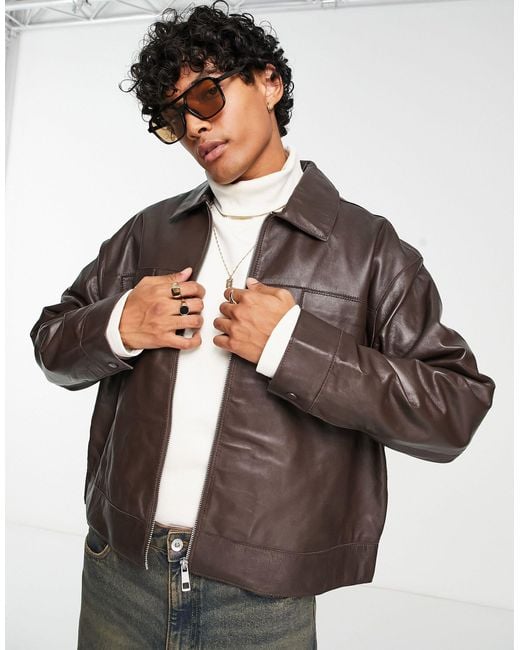 ASOS Black Oversized Cropped Real Leather Harrington Jacket for men
