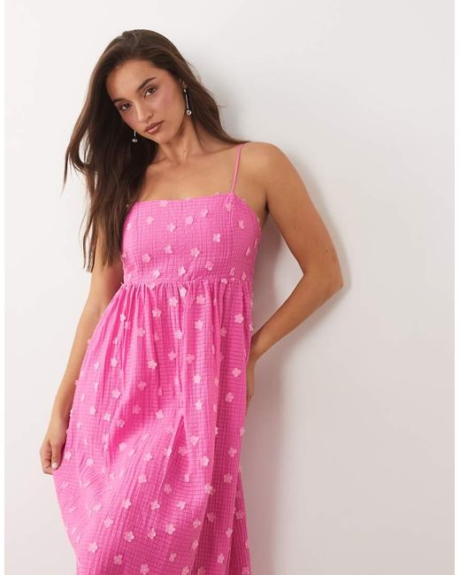 Vila Pink 3d Floral Applique Textured Cami Maxi Dress