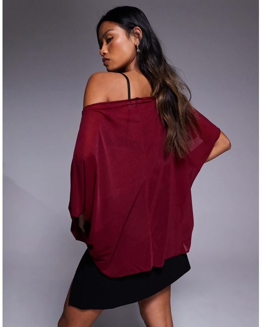 ASOS Red Mesh Sheer Slouchy Longline Off-shoulder Cape Top