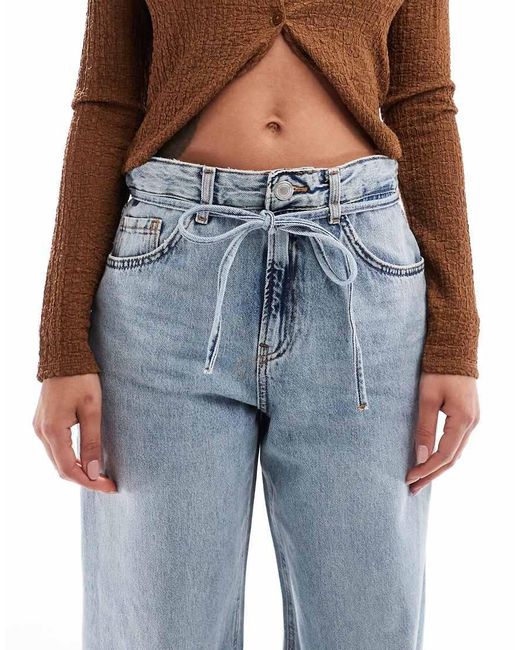 Pull&Bear Blue baggy Jean With Tie Waist Detail