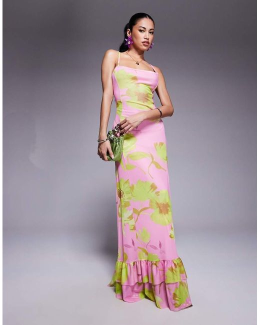 ASOS Multicolor Cami Straps Maxi Dress With Lace Up Back And Frill Details