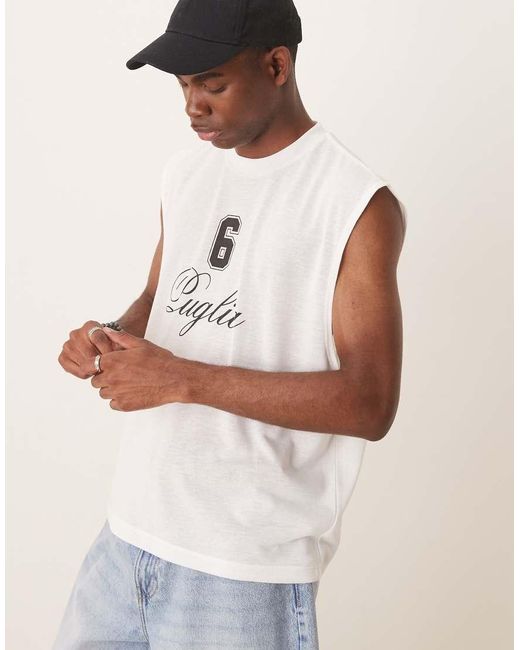 Top Senza Maniche Oversize Squadrato Color Panna Effetto Lino Con Scritta di ASOS in White da Uomo