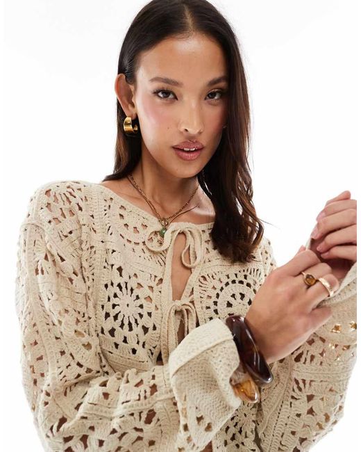 Daisy Street Natural Boho Crochet Tie Front Cardigan