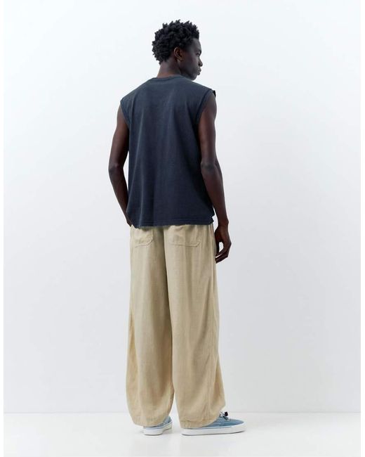 Pull&Bear Blue Linen Blend Trousers for men