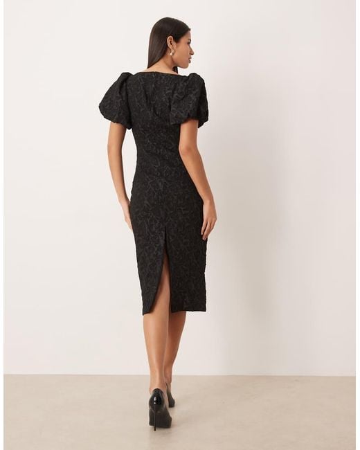 Gina Tricot Black Puff Sleeve Jacquard Print Midi Dress