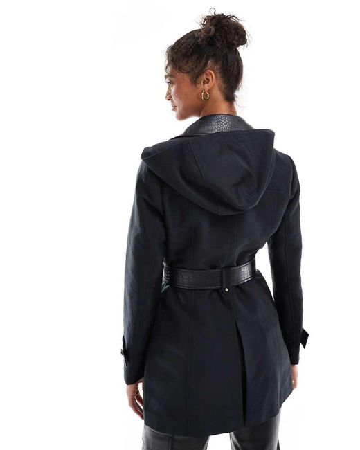 Morgan Blue Trench Coat With Leather Look Contrast