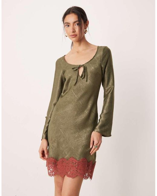 ASOS Natural Satin Long Sleeve Scoop Neck Swing Dress
