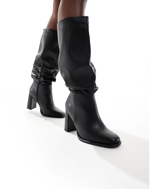 London Rebel Black maggie Slouchy Block Heel Boots