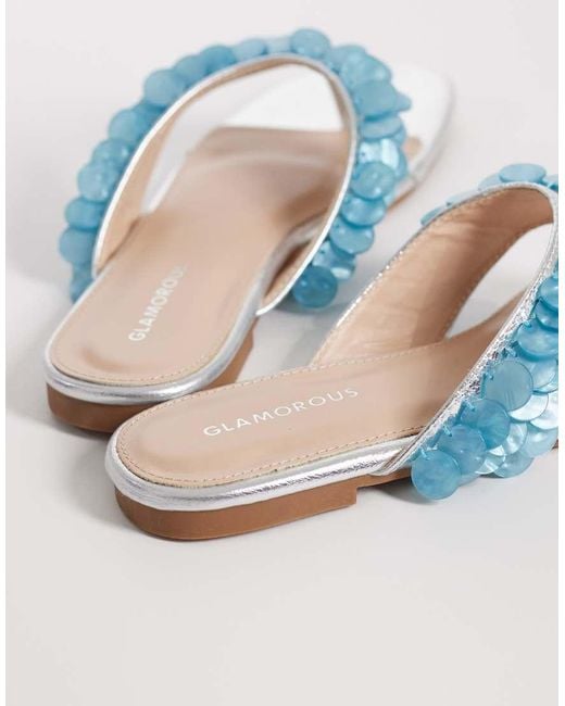 Glamorous Blue Flip Flops With Faux Shells