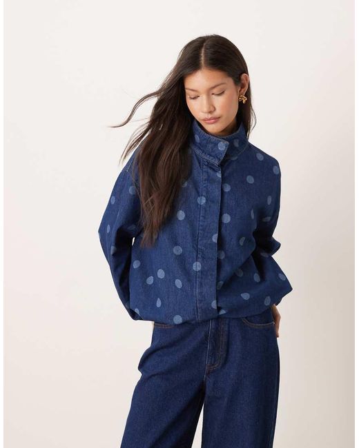 ASOS Blue Denim Funnel Neck Jacket With Laser Polka Dots