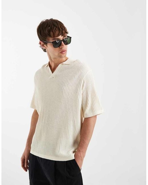 ASOS Natural Oversized Knitted Short Sleeve Crochet Notch Neck Polo With Seoul Embroidery for men