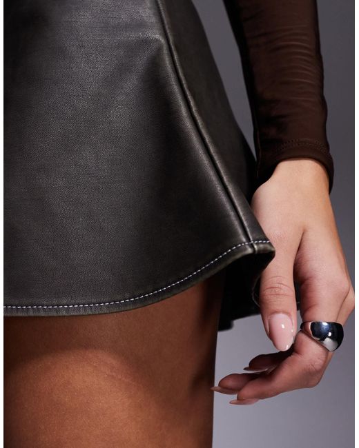 ASOS Brown Faux Leather Contrast Stitch Flippy Skirt